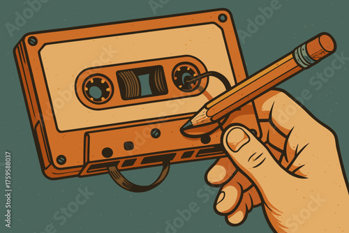 Rewinding illustration vector into magnetic carefully cassette tape wound using nostalgia everyday