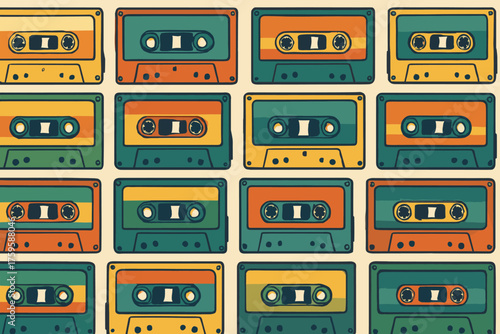 Illustration grid vintage each abstract vector cassette rotated rows neat arranged colorful