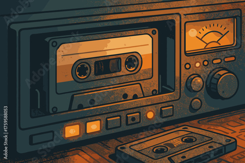 Inserted into illuminating vector soft illustration magic analog glowing cassette player retro