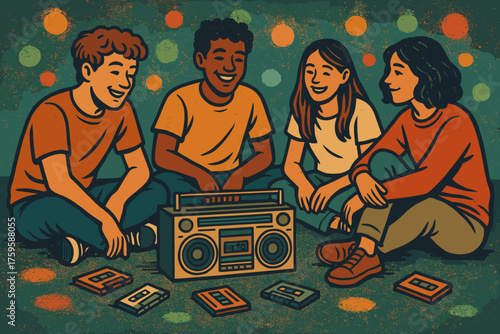 Around cassettes illustration lights scene scattered party glowing retro vibes colorful vector