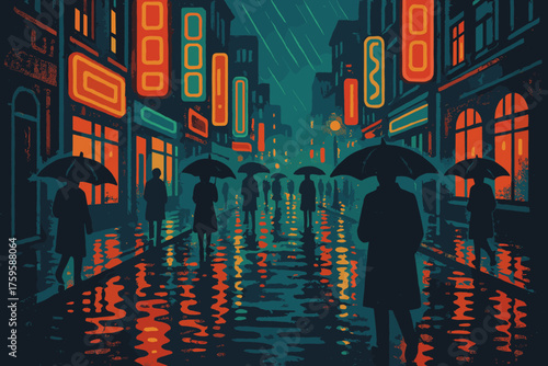 Vector umbrellas neon reflections people street pavement walking illustration silhouettes city