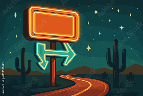 Arrows sign motel glowing cactus desert road vector illustration neon background