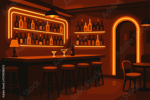 Illustration neon vector cozy tubes glowing stools cocktail bar along vintage lounge
