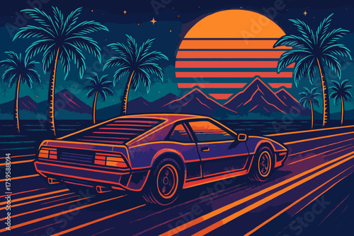 Along car vector palm glowing neon drive sports background highway illustration mountains