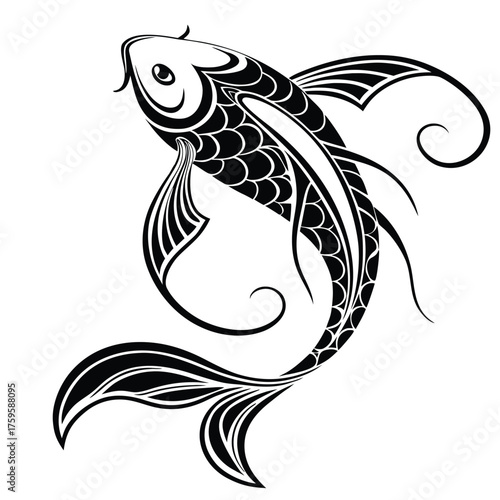Elegant Black and White Koi Fish Illustration Depicting Grace and Symbolism a Decorative Tattoo Design for Art Enthusiasts