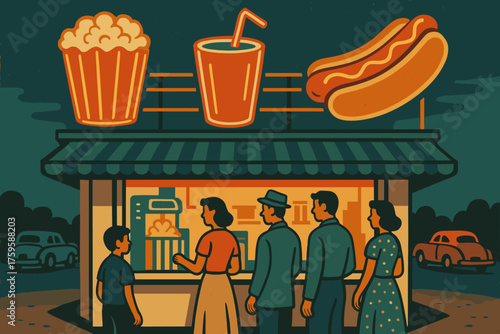 Illustration hot popcorn retro concession neon drive stand distance up dogs vector