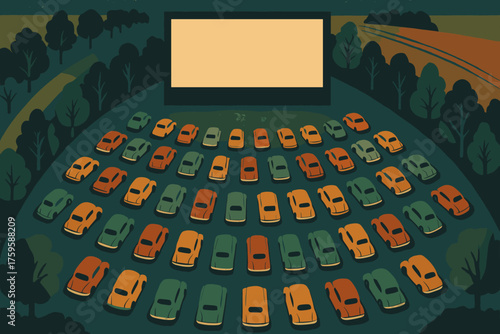 Surrounding vibe theater cars aerial drive vector center glowing rows illustration fields