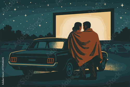 Car starry against sharing romance blanket their drive movie silhouettes illustration vector