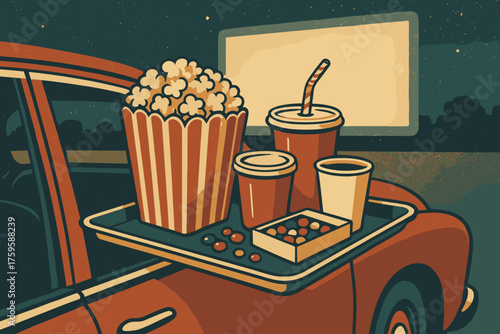 Snack window vector popcorn candy illustration tray blurred glowing drive car drinks