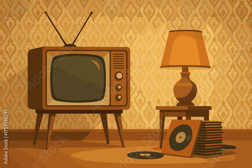 Living vector warm scenes patterned lamp glow wooden illustration nearby nostalgic vinyl