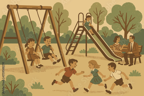 Playground illustration parents vector memories swings slide chatting children playing vintage scene