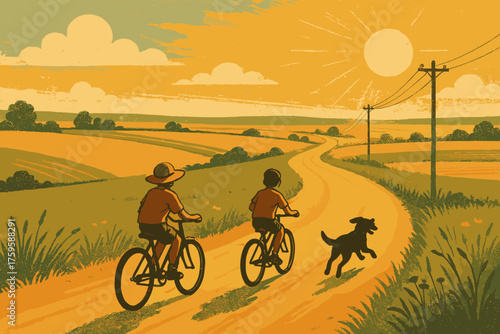 Running sunlight bicycles illustration road vector golden children stretching country riding nostalgia