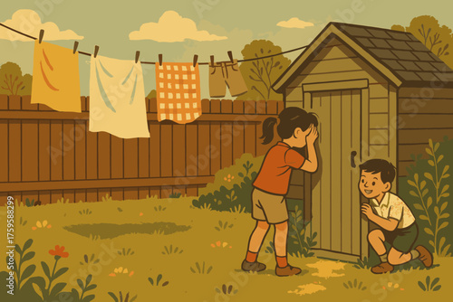 Childhood nostalgia vector wooden swaying playing fence near illustration shed backyard clothesline