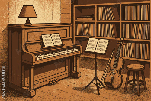 Music violin nearby sheet vector studio upright rustic illustration records stand