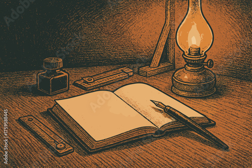 Open evening ink desk illustration scene bottle softly vector vintage fountain