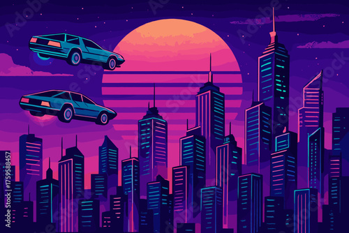 Glowing purple cars retro flying vector illustration cityscape futuristic city neon
