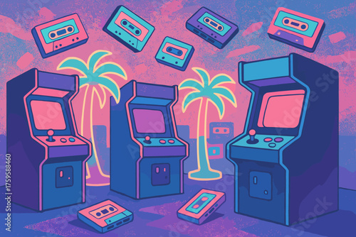 Arcade room vector vaporwave dreamy tree glowing illustration retro pastel hues palm
