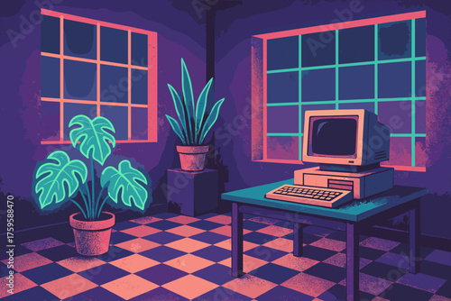 Vaporwave surreal illustration floor houseplants neon retro room checkerboard grid interior windows