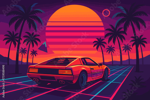 Sports neon both vector horizon glowing illustration car drive dreamscape gradient road