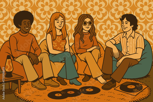 Patterned shag wallpaper rug retro sitting living friends lava vector illustration room