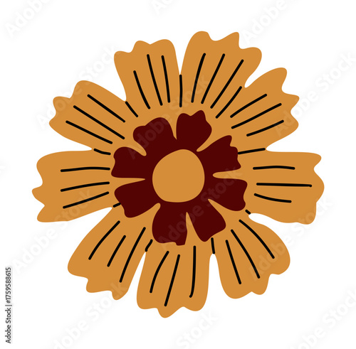 Minimalist vector illustration of a sunflower with burgundy center and golden-orange striped petals in flat style, isolated on transparent background with clean, sharp, symmetrical design