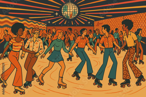 Groovy roller vector rink crowded ball illustration patterned outfits neon retro gliding