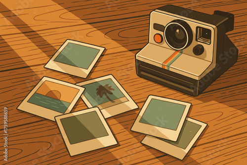 Resting wooden memories retro illustration vector across scene instant desk photo sunlight