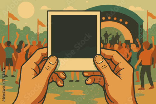 Hands summer outdoor festival vector memories developing blurred illustration polaroid front