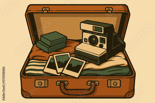 Essentials suitcase clothes instant images illustration photo vector packs between travel vintage