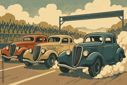 Illustration coupes from cheering classic retro car showdown background rising start vector