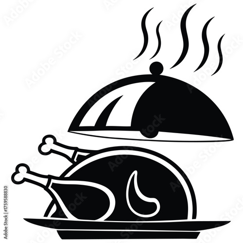 Iconic Roasted Turkey on a Platter with Elegant Cover and Rising Steam Graphic Presentation for Holiday Festivities