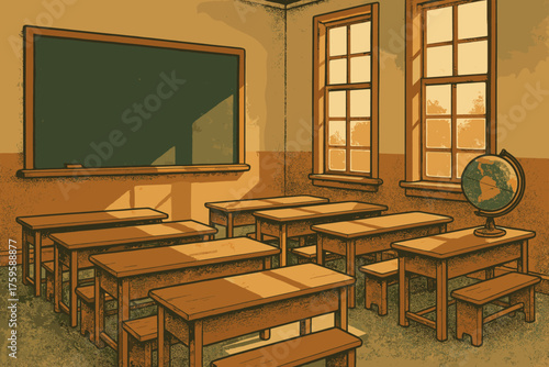 Stand streaming tall scene through desks classroom windows vector illustration wooden retro