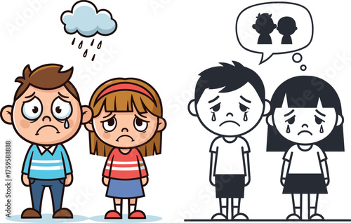 Cartoon kids sadness scene, emotional contrast illustration, crying children, rain cloud symbolism, thought bubble, relationship reflection, expressive tears, grayscale variation