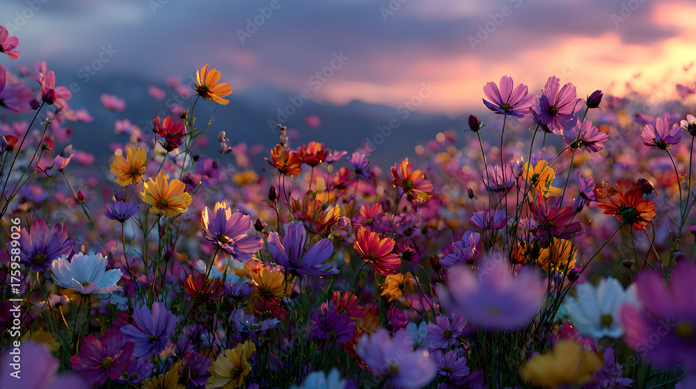 Obraz premium A vast field of flowers stretches as far as the eye can see, bursting with vibrant colors.