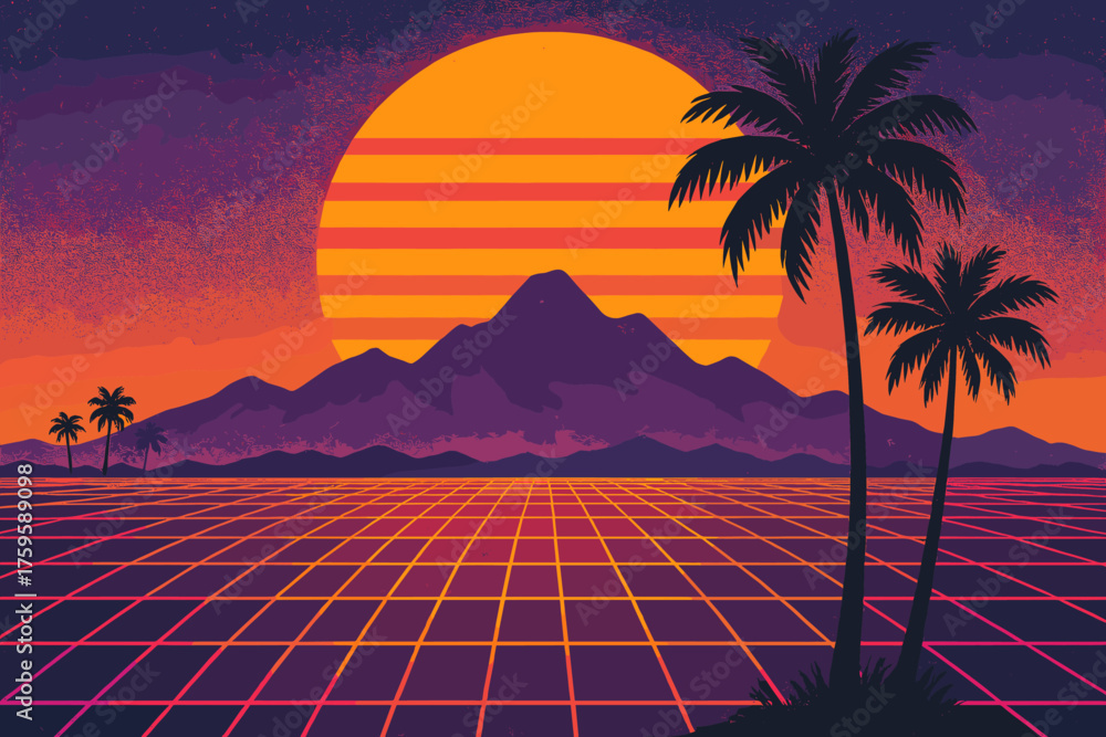 Naklejka premium Purple vector sunset landscape glowing retro illustration stretching silhouetted neon mountains setting