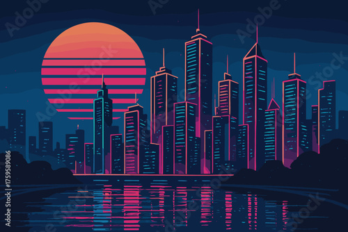 Vector below skyline glowing city reflections pink shimmering futuristic neon illustration