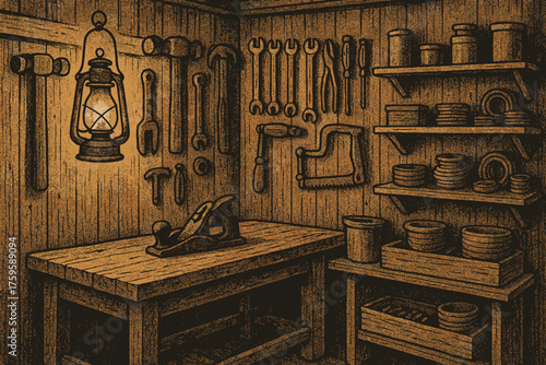 Illustration parts light tools retro scene workbench shelves wooden hand vector workshop