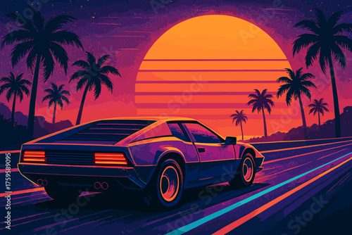 Silhouettes along sun palm background highway vector retrowave illustration dream sharp angles