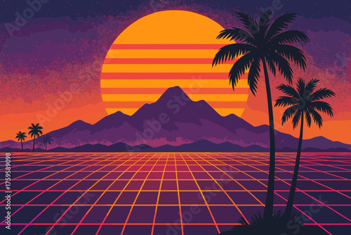 Purple vector sunset landscape glowing retro illustration stretching silhouetted neon mountains setting