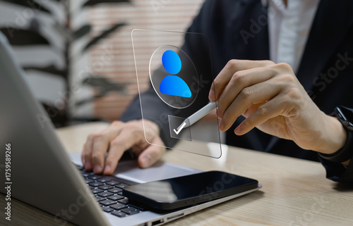 Cyber identity and client verification concept showing analyst evaluating banking user data and risk for Know Your Customer (KYC) compliance, cybersecurity, and fraud prevention in finance.