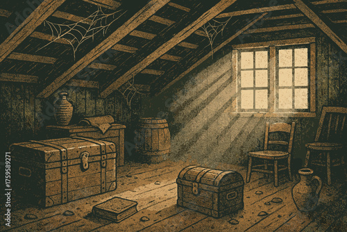Vector objects scattered forgotten illustration attic trunks memories rustic dusty through