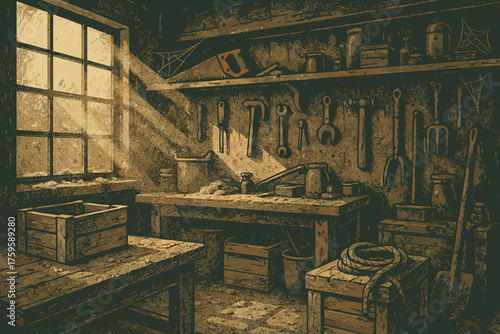 Rusty dusty workshop through haze cluttered wooden illustration chaos tools crates dust