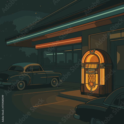 Glowing entrance night parked vintage cars retro vector neon vibes diner jukebox