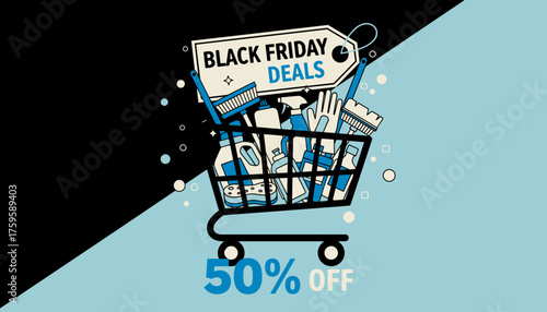 Black Friday deals on cleaning supplies with 50 off in a graphic shopping cart illustration