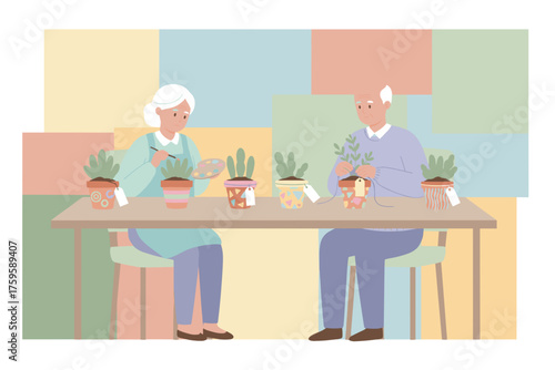 Happy elderly couple enjoying a plant potting and pot decorating hobby together