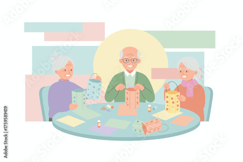 Happy seniors making paper lanterns at a table Creative hobby active aging community
