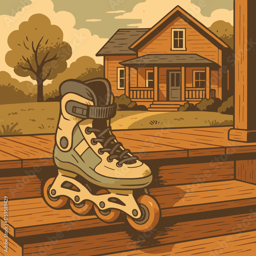 Steps scene left house wooden vector nostalgic vintage background rollerblades tones countryside