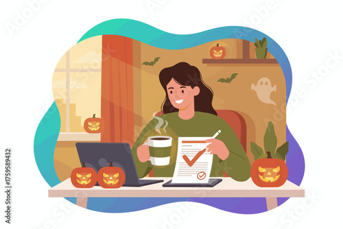 Smiling woman working drinking coffee amidst cheerful Halloween decorations at home