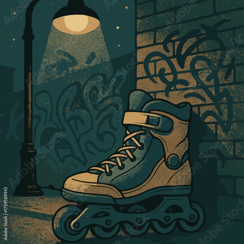 Rollerblades scene nighttime illustration against vector wall glowing leaning under night