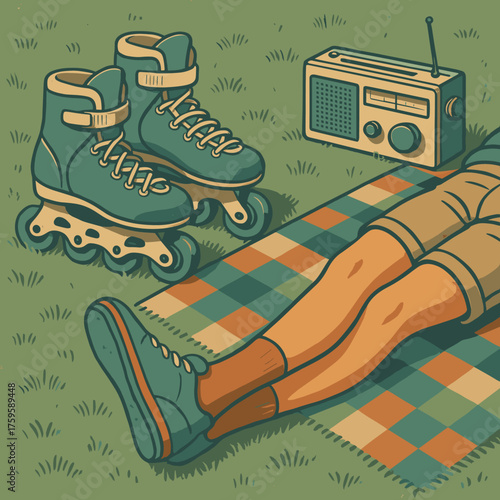 Relaxation illustration rollerblades them radio beside resting nearby vector retro rollerblade skater